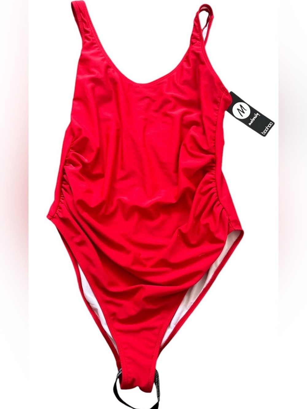 Boohoo Red Maternity One Piece Swimsuit Scoop Neck Ruched Size 6 NWT